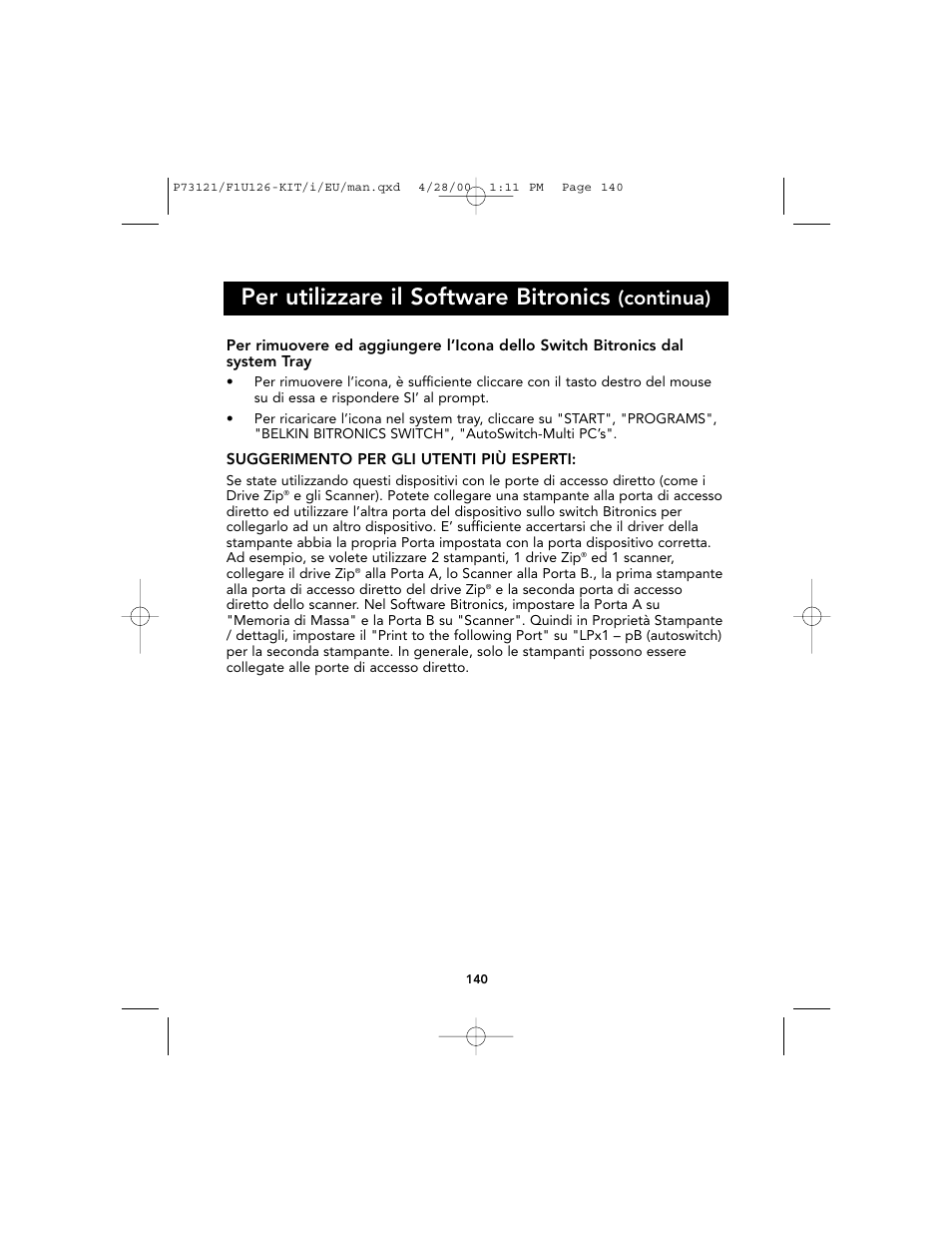 Per utilizzare il software bitronics, Continua) | Belkin F1U126-KIT User Manual | Page 142 / 148