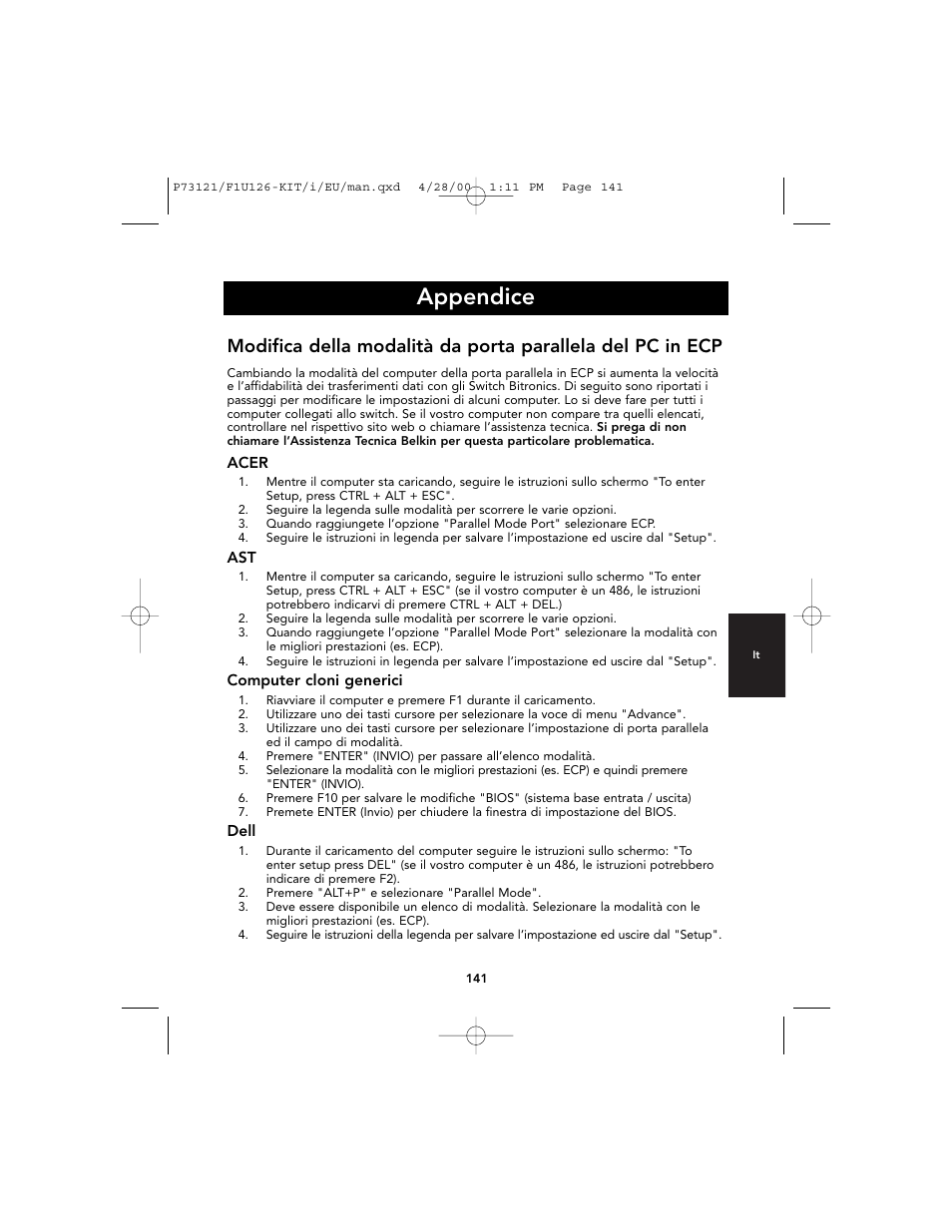 Appendice | Belkin F1U126-KIT User Manual | Page 143 / 148