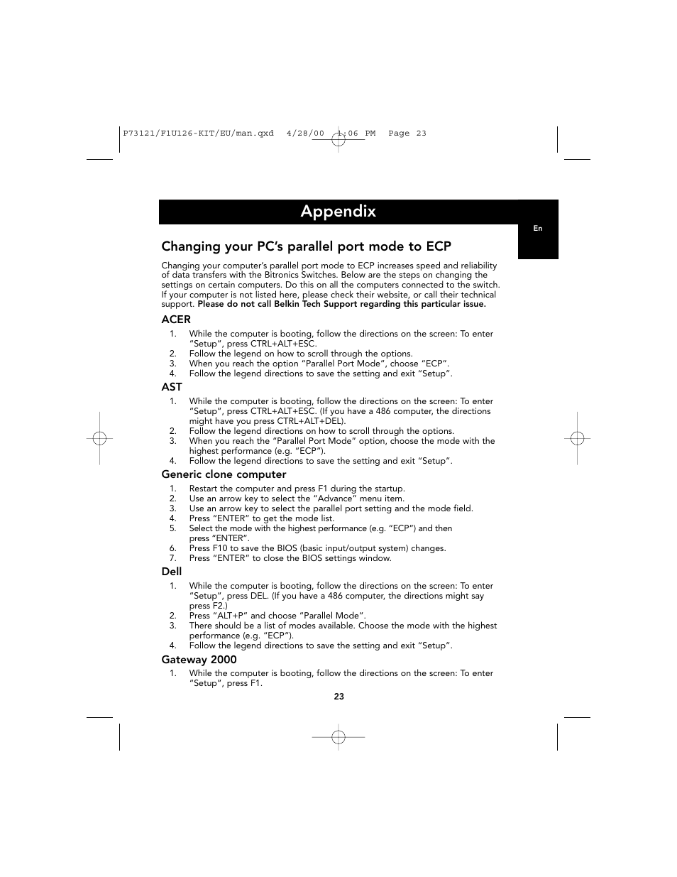 Appendix, Changing your pc’s parallel port mode to ecp | Belkin F1U126-KIT User Manual | Page 27 / 148