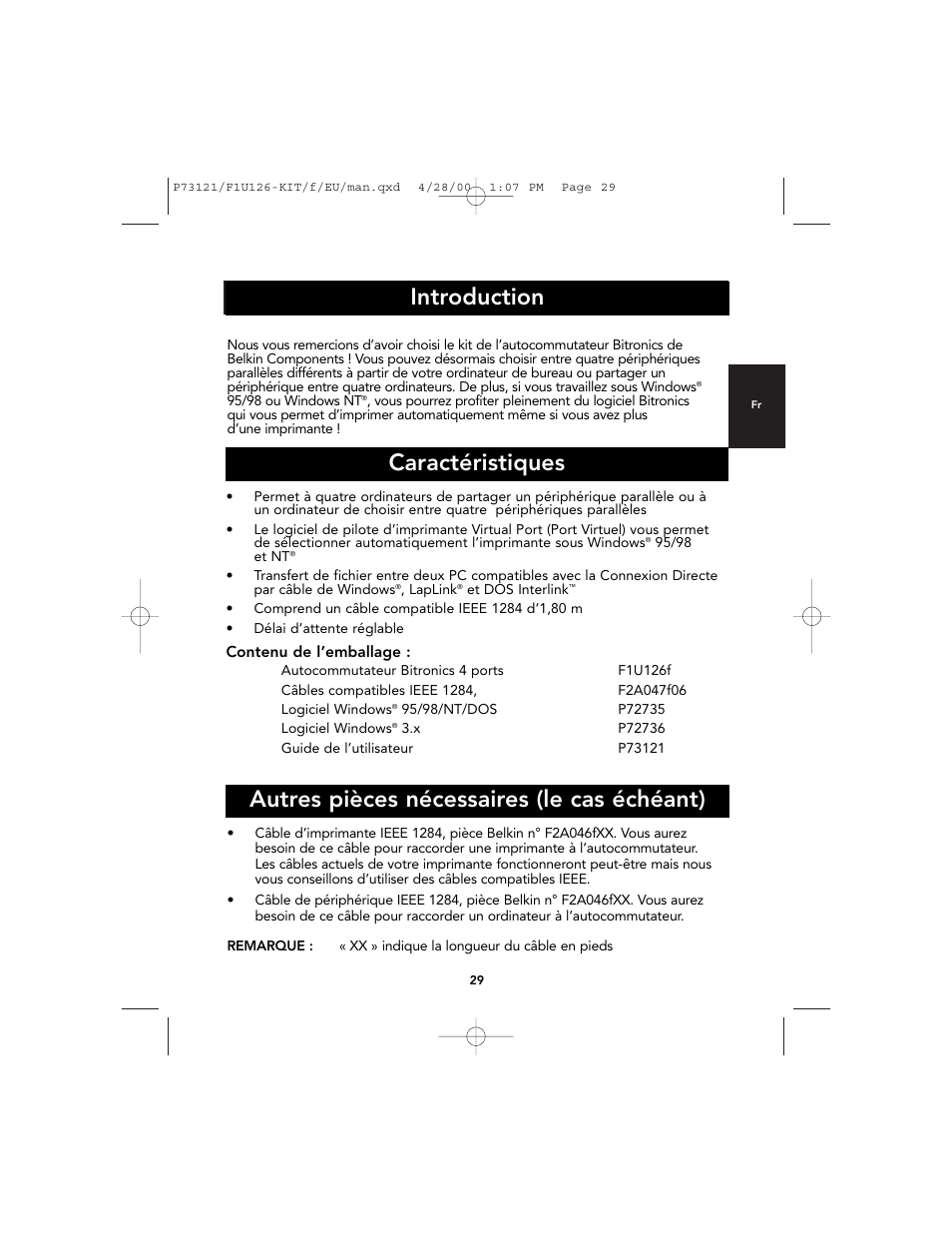 Introduction, Autres pièces nécessaires (le cas échéant), Caractéristiques | Belkin F1U126-KIT User Manual | Page 33 / 148