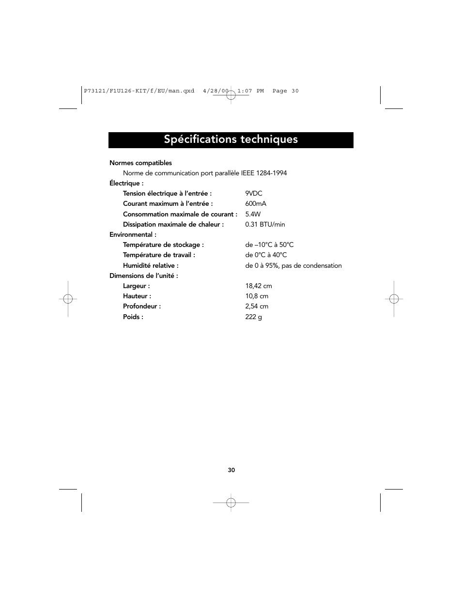 Spécifications techniques | Belkin F1U126-KIT User Manual | Page 34 / 148