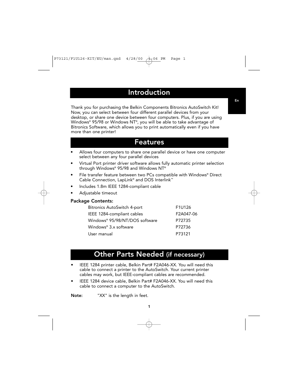 Introduction features, Other parts needed, If necessary) | Belkin F1U126-KIT User Manual | Page 5 / 148
