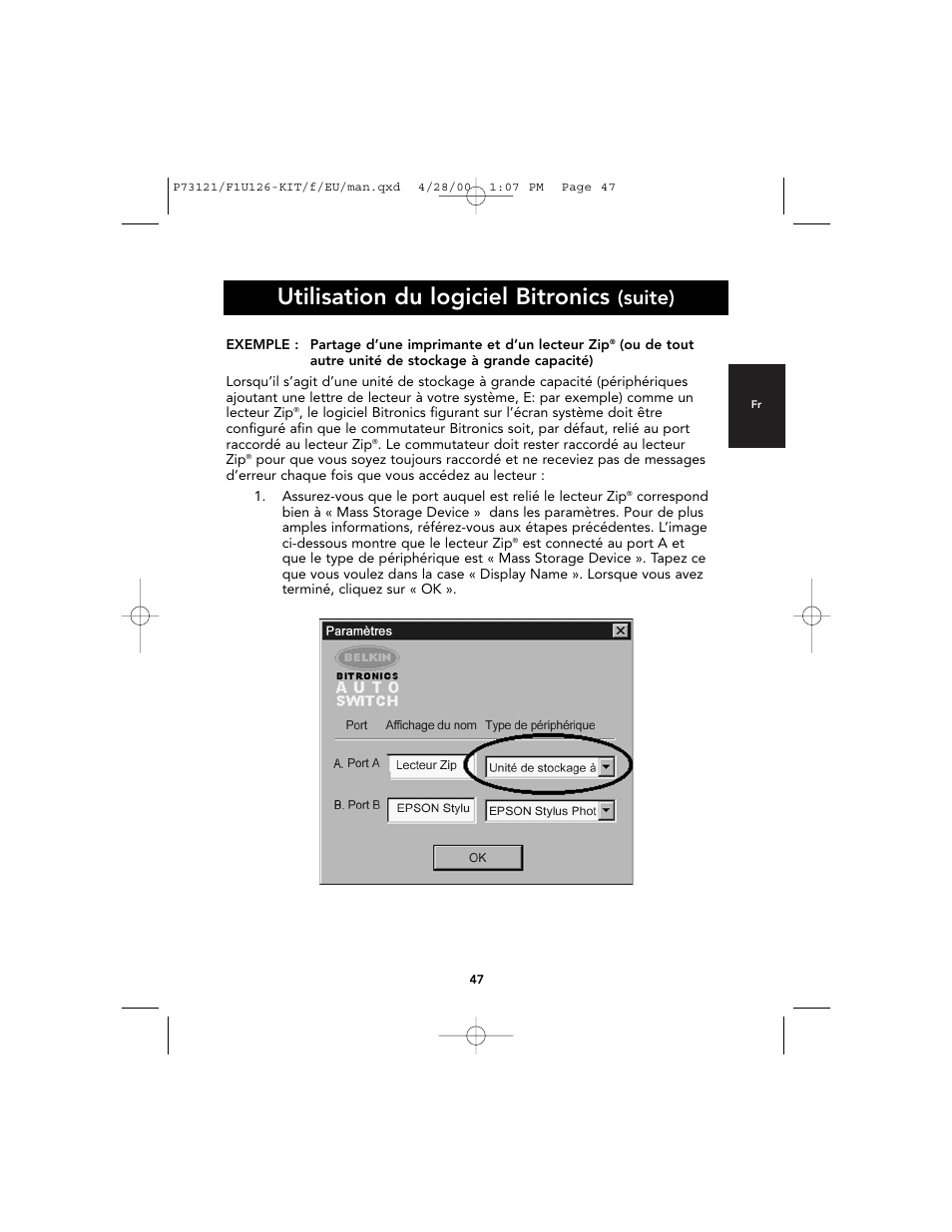 Utilisation du logiciel bitronics, Suite) | Belkin F1U126-KIT User Manual | Page 51 / 148