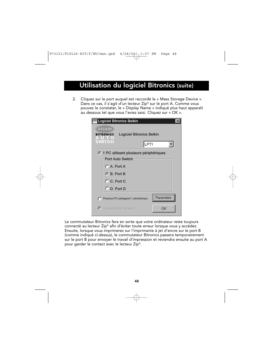 Utilisation du logiciel bitronics, Suite) | Belkin F1U126-KIT User Manual | Page 52 / 148