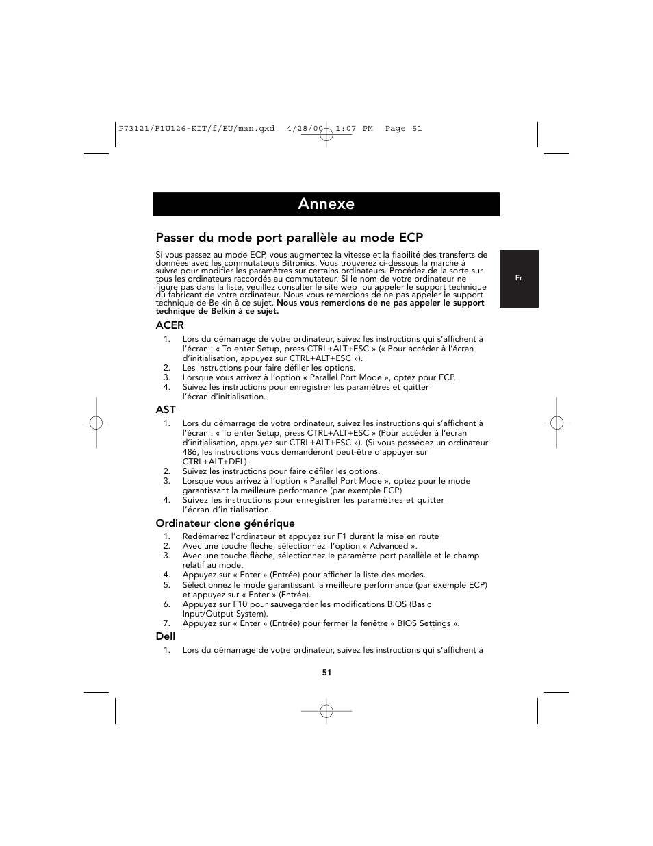 Annexe, Passer du mode port parallèle au mode ecp | Belkin F1U126-KIT User Manual | Page 55 / 148