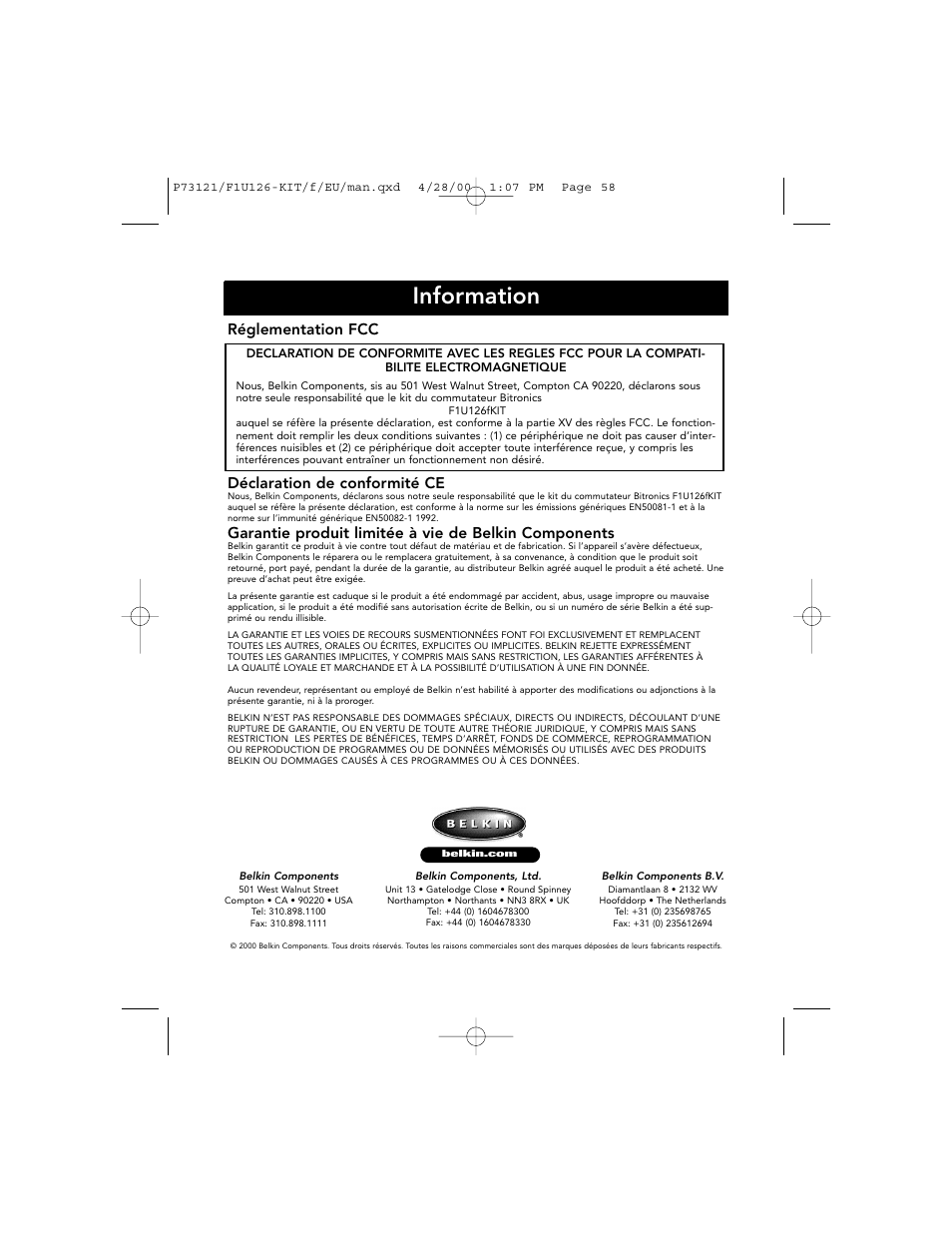Information, Réglementation fcc, Déclaration de conformité ce | Belkin F1U126-KIT User Manual | Page 62 / 148