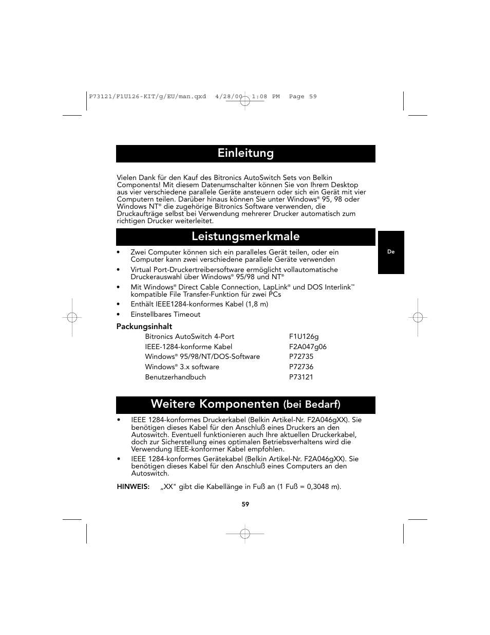 Einleitung leistungsmerkmale, Weitere komponenten, Bei bedarf) | Belkin F1U126-KIT User Manual | Page 63 / 148