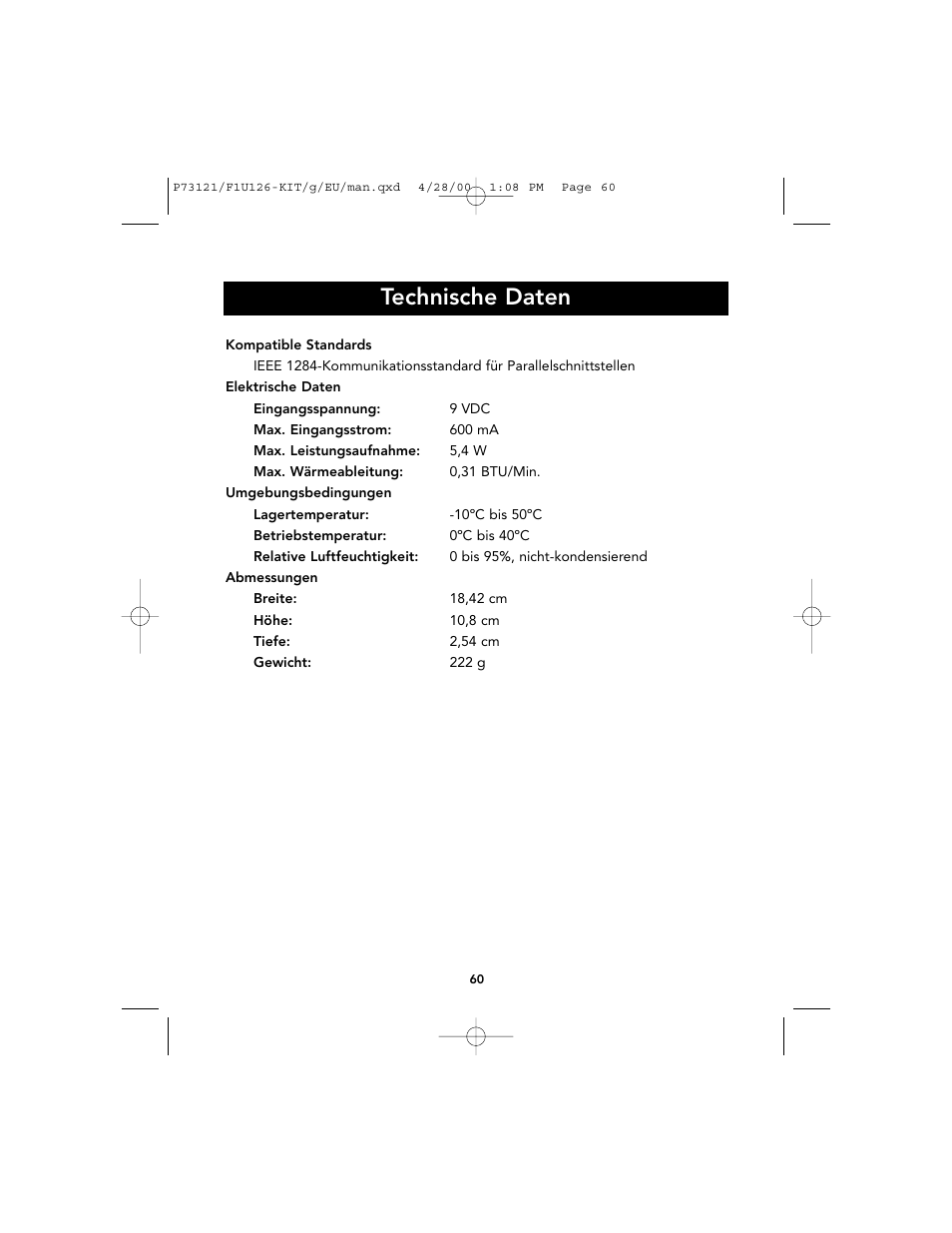 Technische daten | Belkin F1U126-KIT User Manual | Page 64 / 148