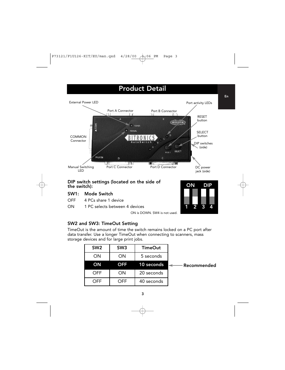Product detail, On dip 1 2 3 4 | Belkin F1U126-KIT User Manual | Page 7 / 148