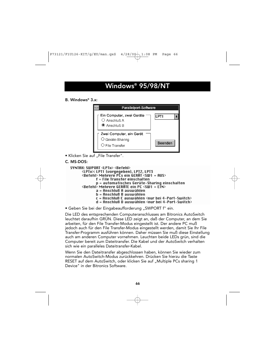 Windows, 95/98/nt | Belkin F1U126-KIT User Manual | Page 70 / 148