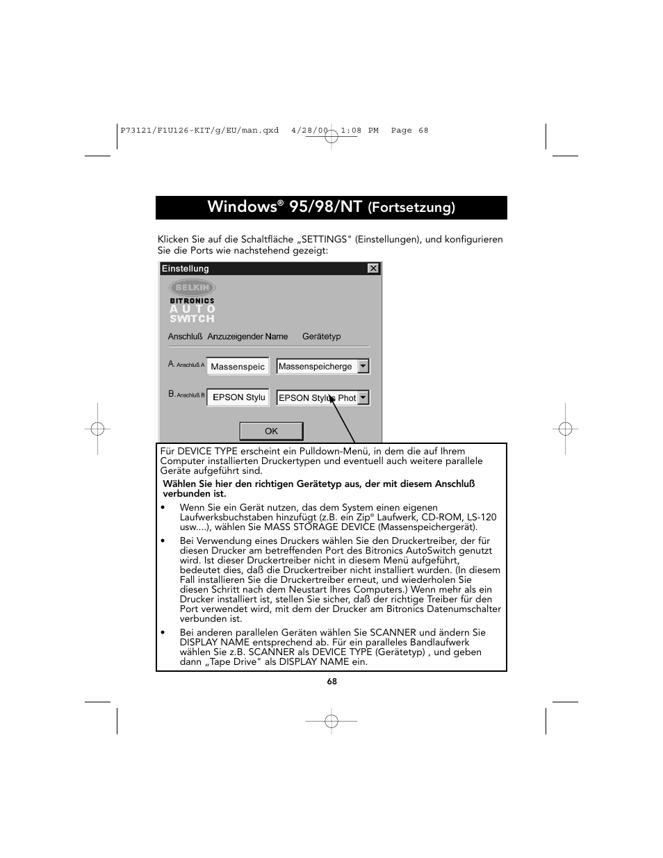 Windows, 95/98/nt, Fortsetzung) | Belkin F1U126-KIT User Manual | Page 72 / 148