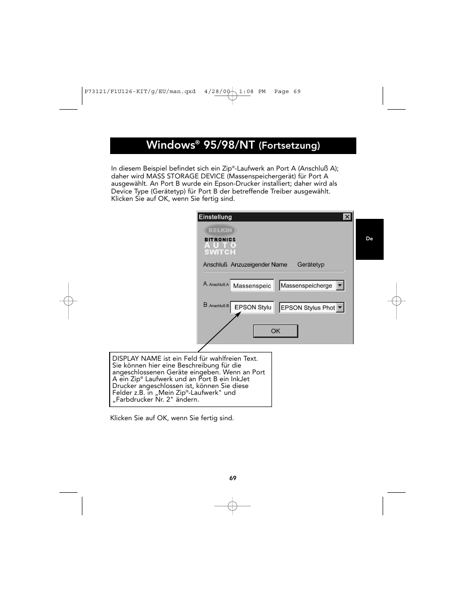 Windows, 95/98/nt, Fortsetzung) | Belkin F1U126-KIT User Manual | Page 73 / 148