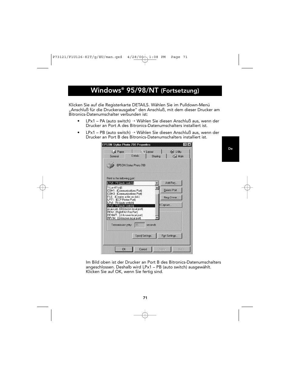 Windows, 95/98/nt, Fortsetzung) | Belkin F1U126-KIT User Manual | Page 75 / 148