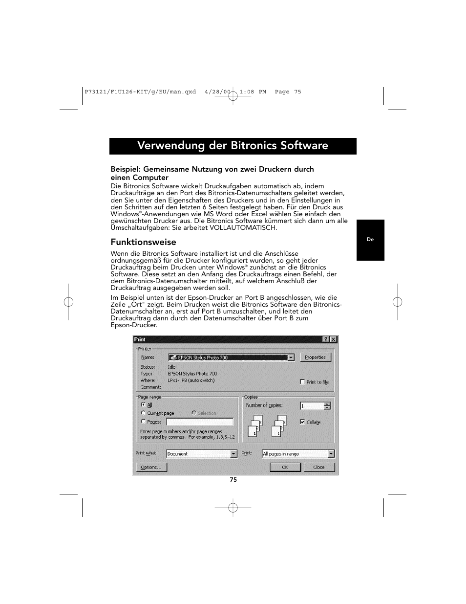 Verwendung der bitronics software, Funktionsweise | Belkin F1U126-KIT User Manual | Page 79 / 148