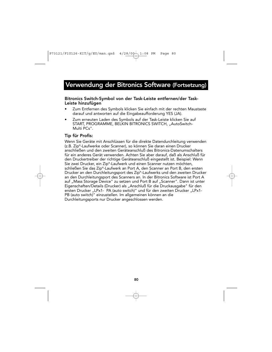 Verwendung der bitronics software, Fortsetzung) | Belkin F1U126-KIT User Manual | Page 84 / 148