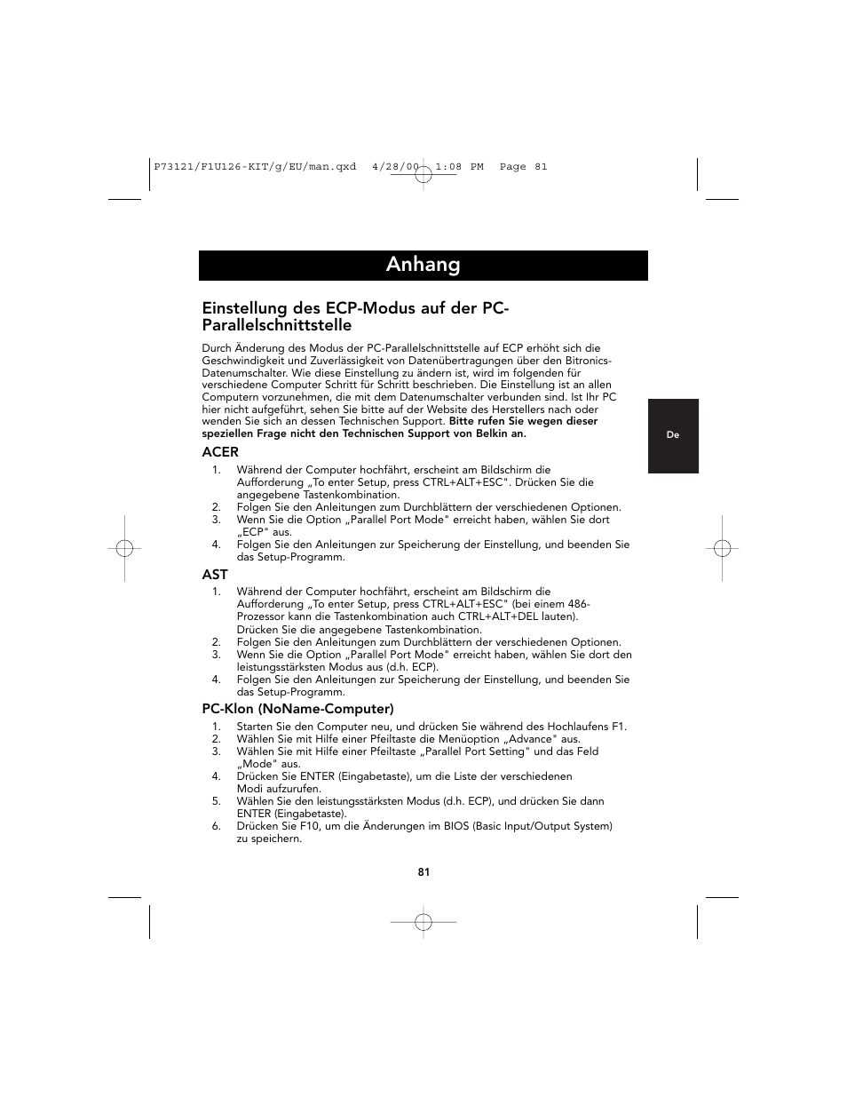 Anhang | Belkin F1U126-KIT User Manual | Page 85 / 148