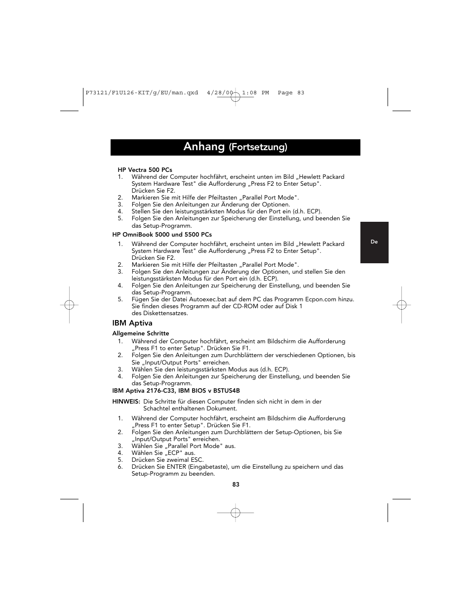 Anhang, Fortsetzung) | Belkin F1U126-KIT User Manual | Page 87 / 148