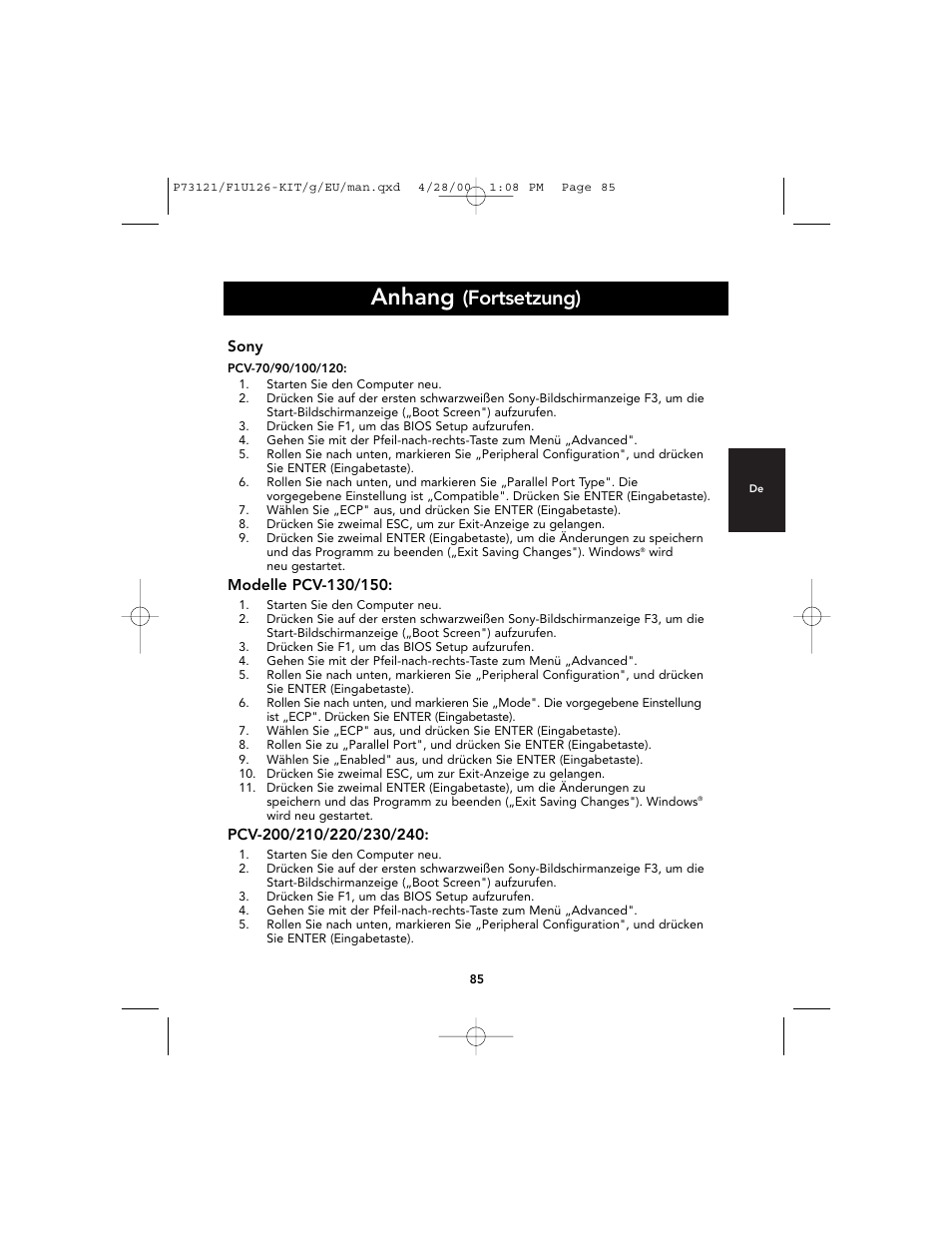 Anhang, Fortsetzung) | Belkin F1U126-KIT User Manual | Page 89 / 148