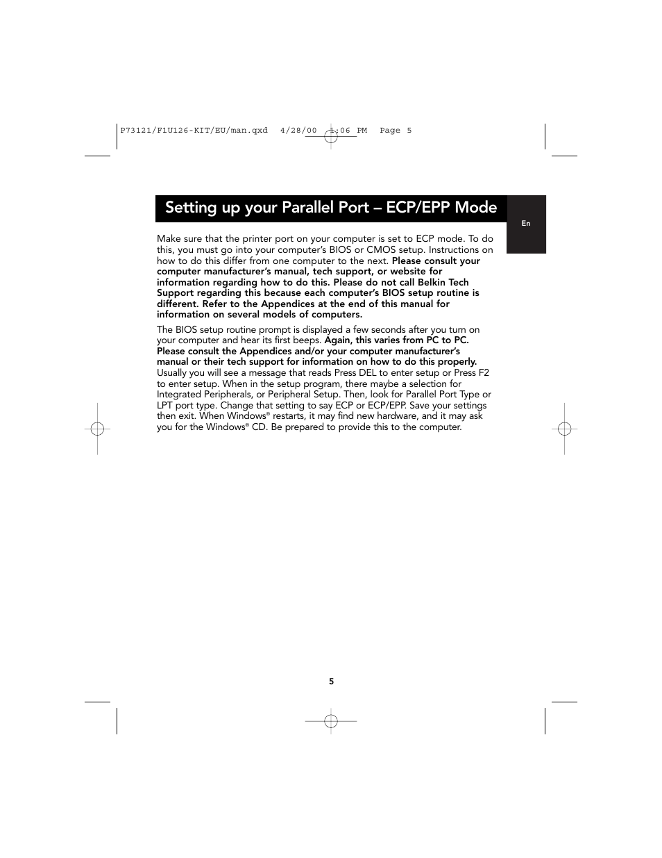 Setting up your parallel port – ecp/epp mode | Belkin F1U126-KIT User Manual | Page 9 / 148