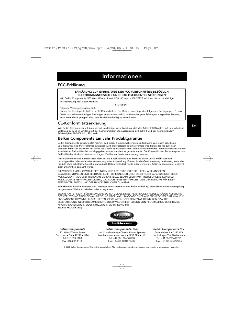 Informationen, Fcc-erklärung, Ce-konformitätserklärung | Belkin components ein jahr produktgarantie | Belkin F1U126-KIT User Manual | Page 91 / 148