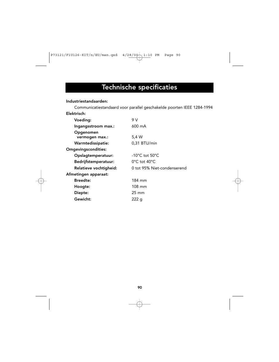 Technische specificaties | Belkin F1U126-KIT User Manual | Page 93 / 148