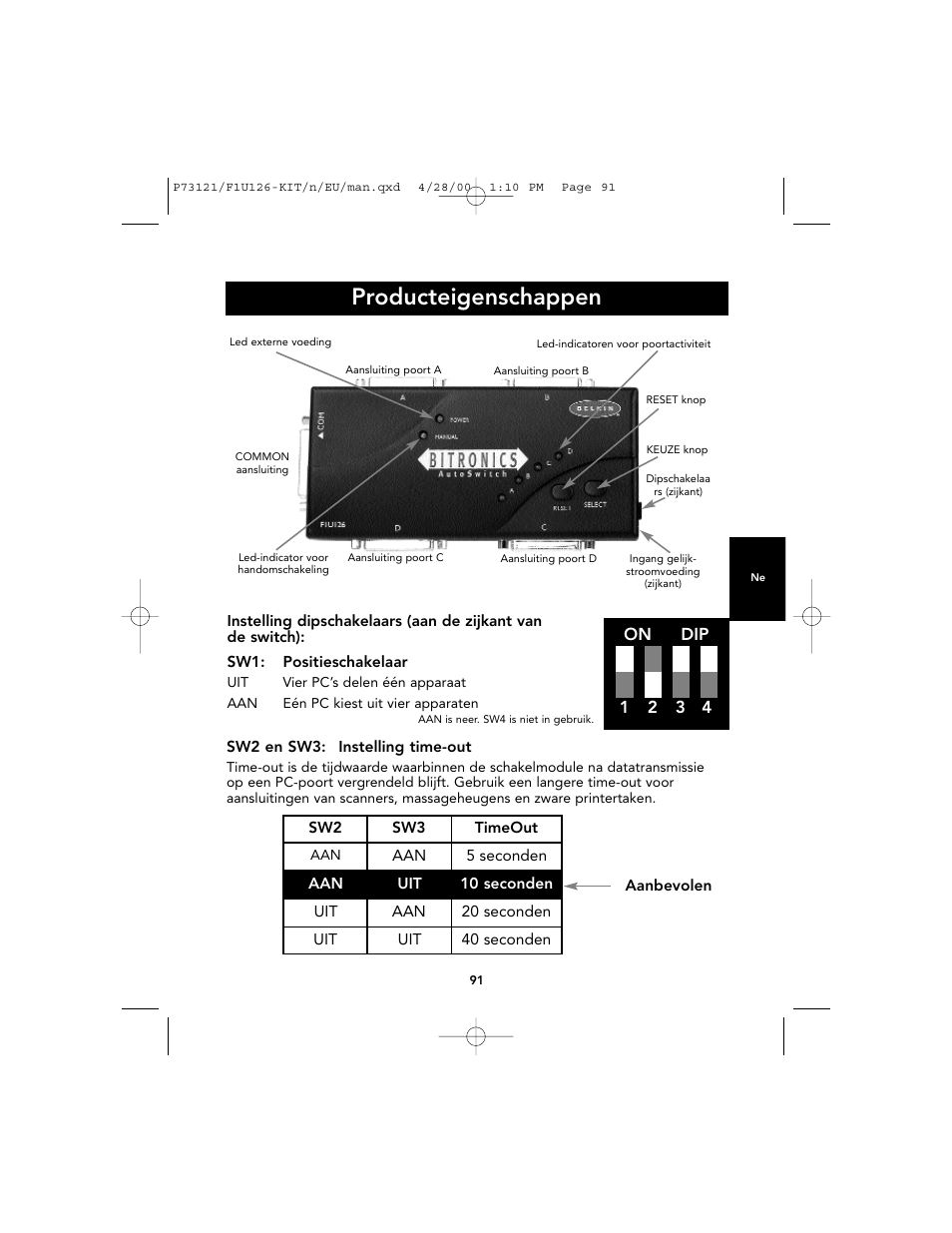 Producteigenschappen, On dip 1 2 3 4 | Belkin F1U126-KIT User Manual | Page 94 / 148