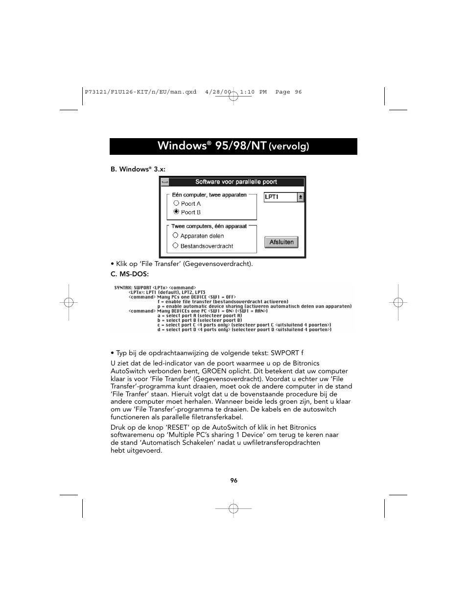Windows, 95/98/nt, Vervolg) | Belkin F1U126-KIT User Manual | Page 99 / 148
