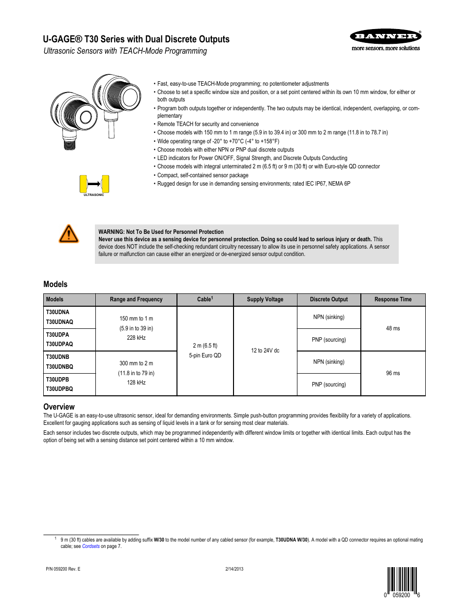 Banner U-GAGE T30U—Level Control User Manual | 7 pages