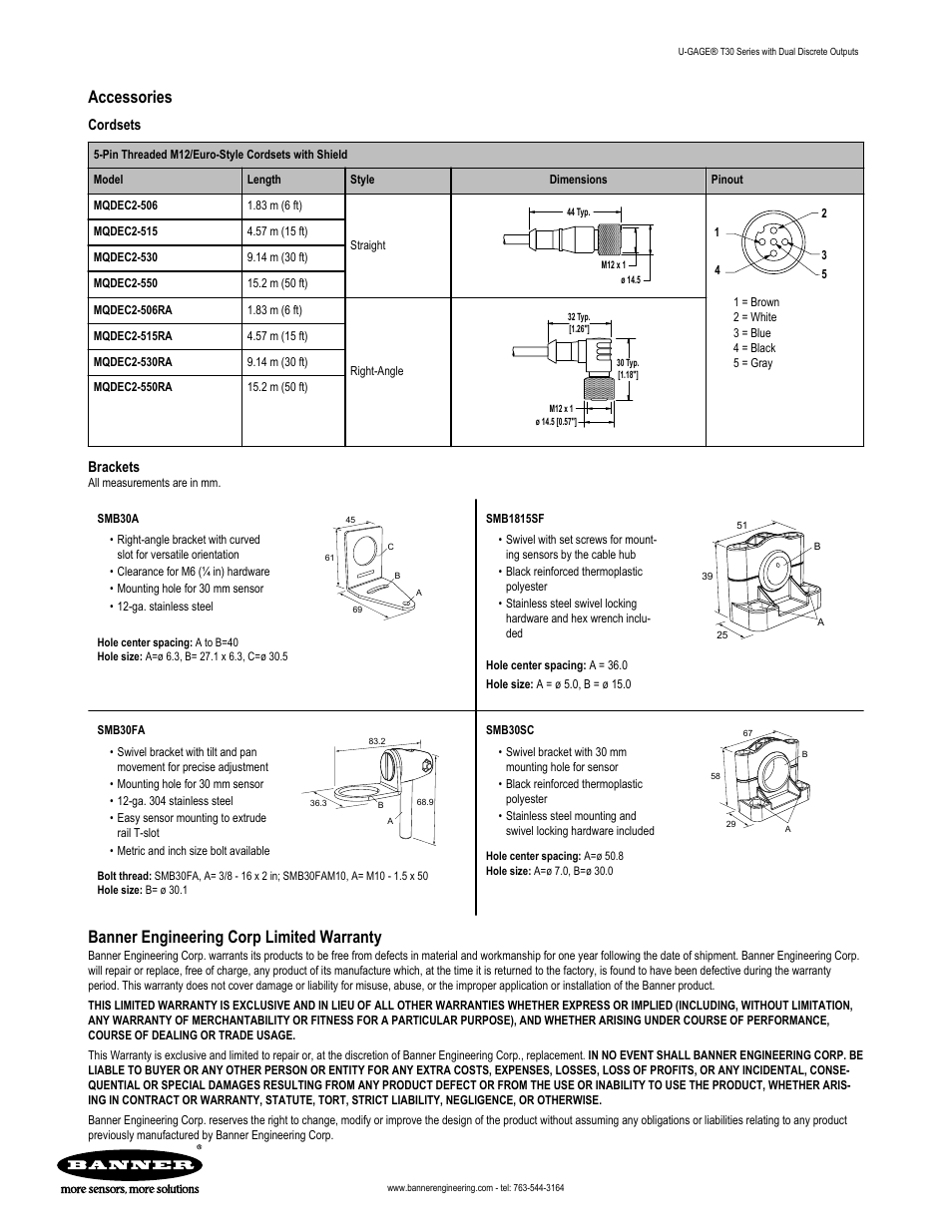 Accessories, Banner engineering corp limited warranty | Banner U-GAGE T30U—Level Control User Manual | Page 7 / 7