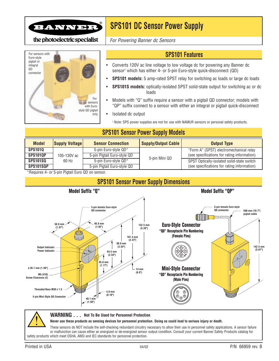 Banner SPS101 DC Sensor Power Supply User Manual | 2 pages