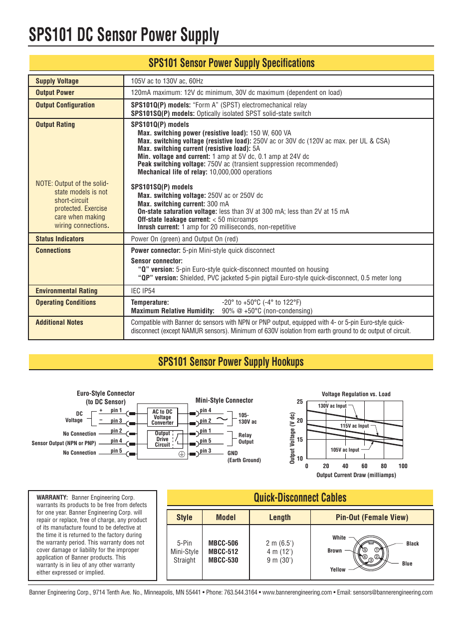 Sps101 dc sensor power supply, Sps101 sensor power supply hookups | Banner SPS101 DC Sensor Power Supply User Manual | Page 2 / 2