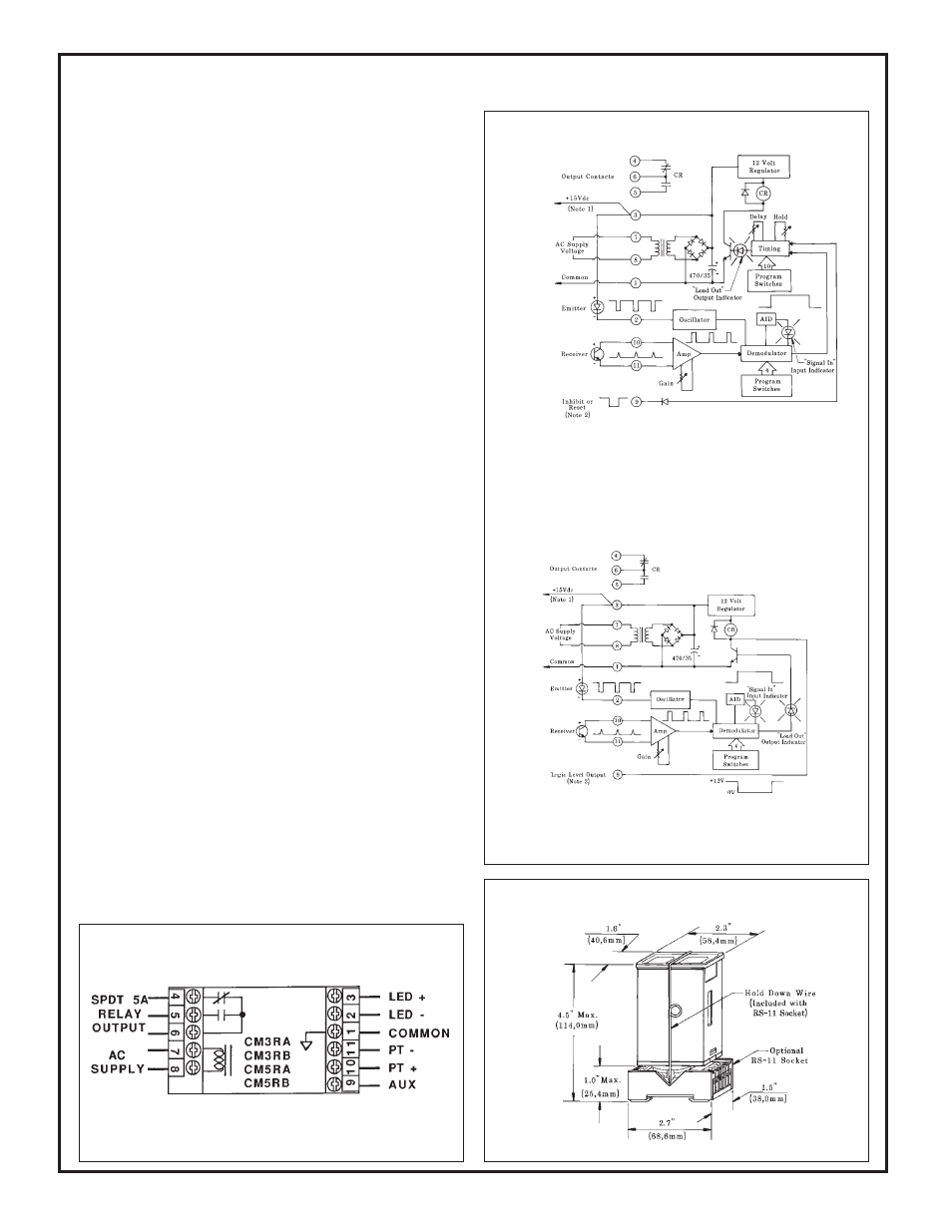 Maxi-amp cm and cr series specifications, Dimension drawing, Functional schematics | Generalized hookup | Banner MAXI-AMP Series User Manual | Page 11 / 24