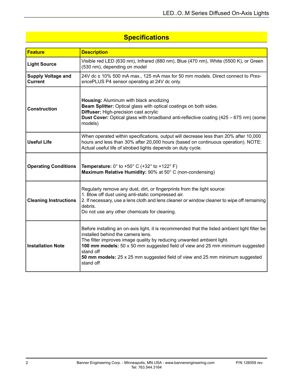 Specifications | Banner PresencePLUS Lighting User Manual | Page 2 / 6