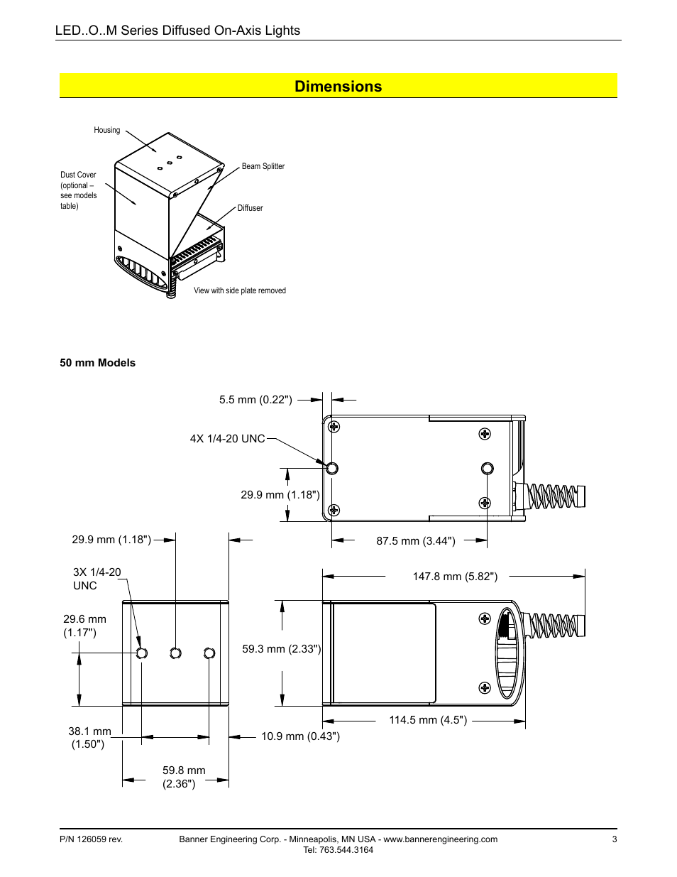 Dimensions, Led..o..m series diffused on-axis lights | Banner PresencePLUS Lighting User Manual | Page 3 / 6