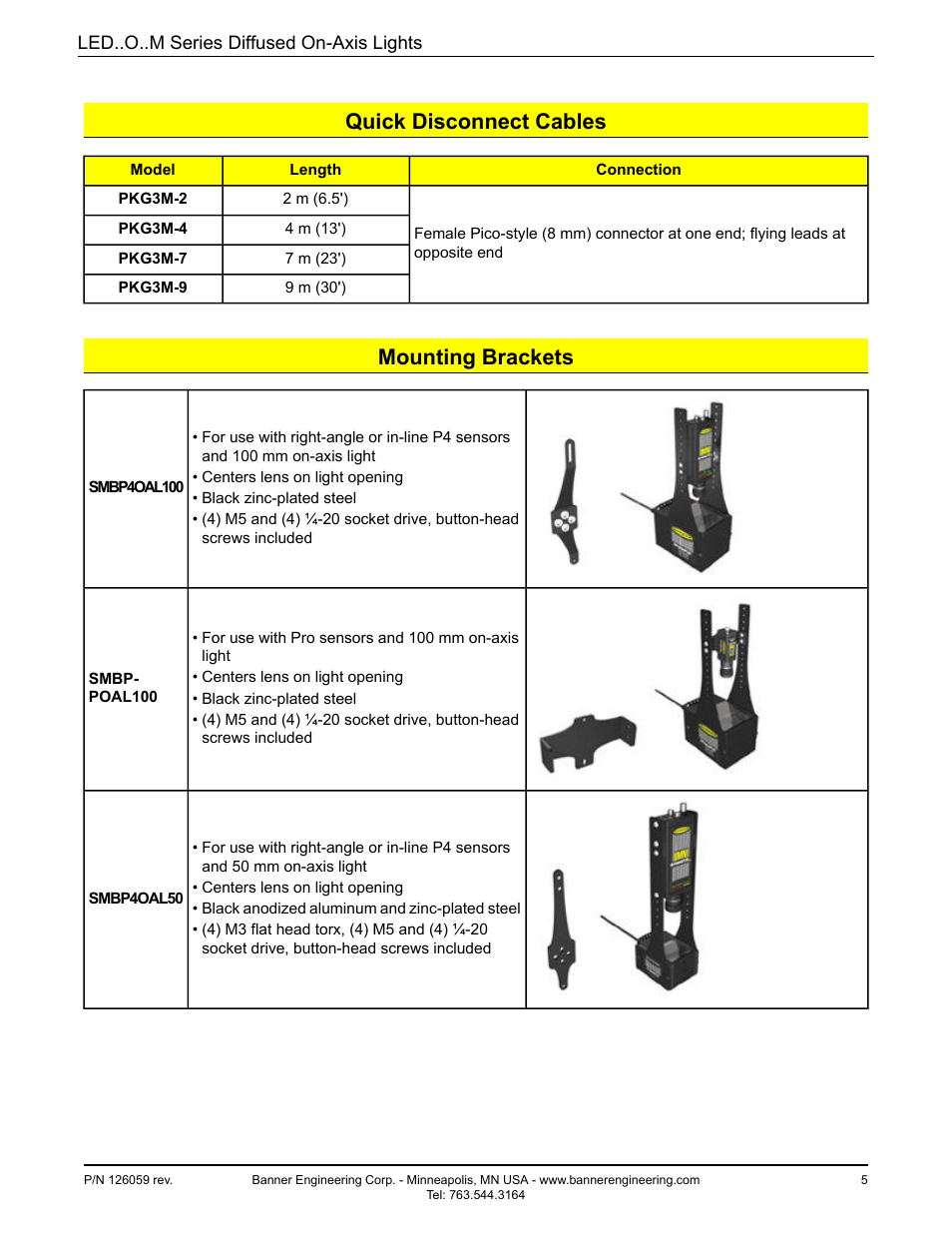 Quick disconnect cables, Mounting brackets | Banner PresencePLUS Lighting User Manual | Page 5 / 6
