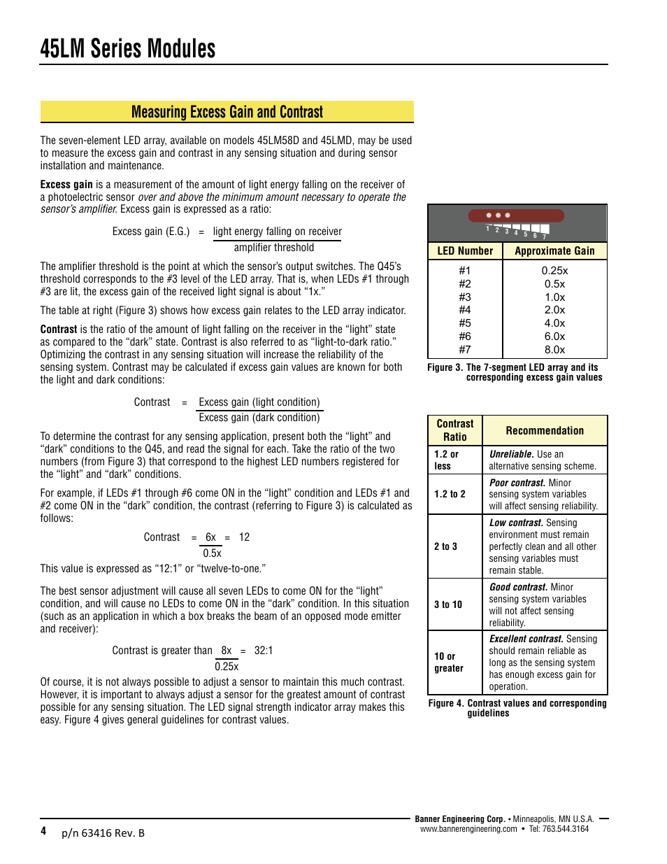 45lm series modules, Measuring excess gain and contrast | Banner Q45 Laser DC Series User Manual | Page 4 / 6