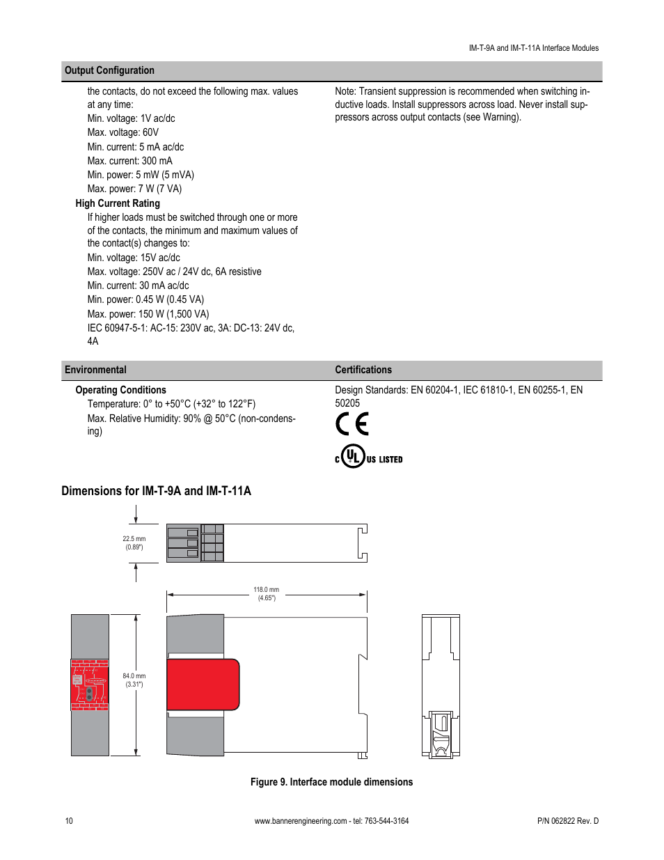 Dimensions for im-t-9a and im-t-11a, Figure 9. interface module dimensions | Banner Interface Modules User Manual | Page 10 / 11