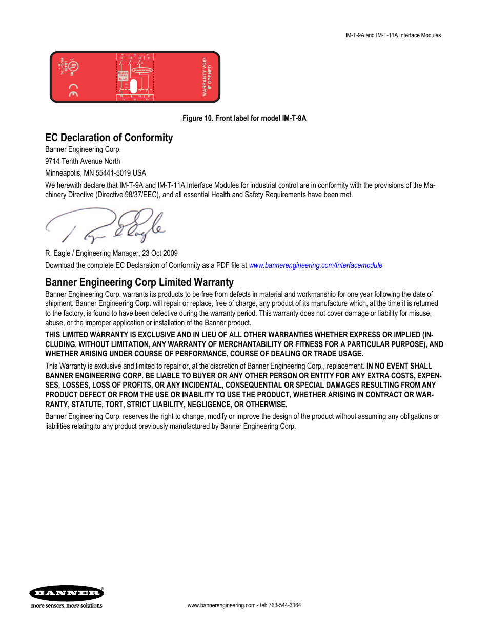 Ec declaration of conformity, Banner engineering corp limited warranty | Banner Interface Modules User Manual | Page 11 / 11