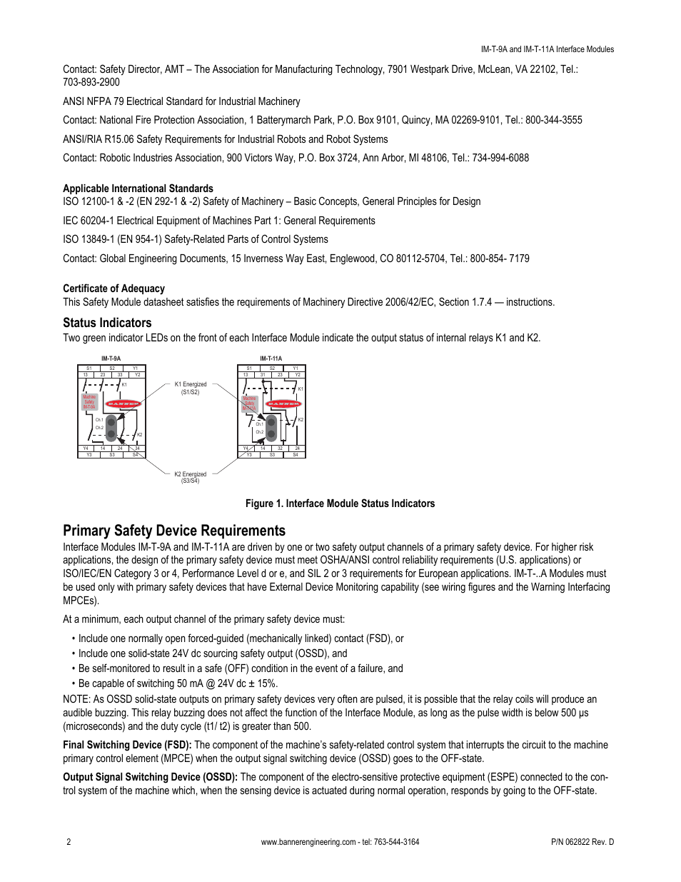 Primary safety device requirements, Status indicators, Figure 1. interface module status indicators | Banner Interface Modules User Manual | Page 2 / 11
