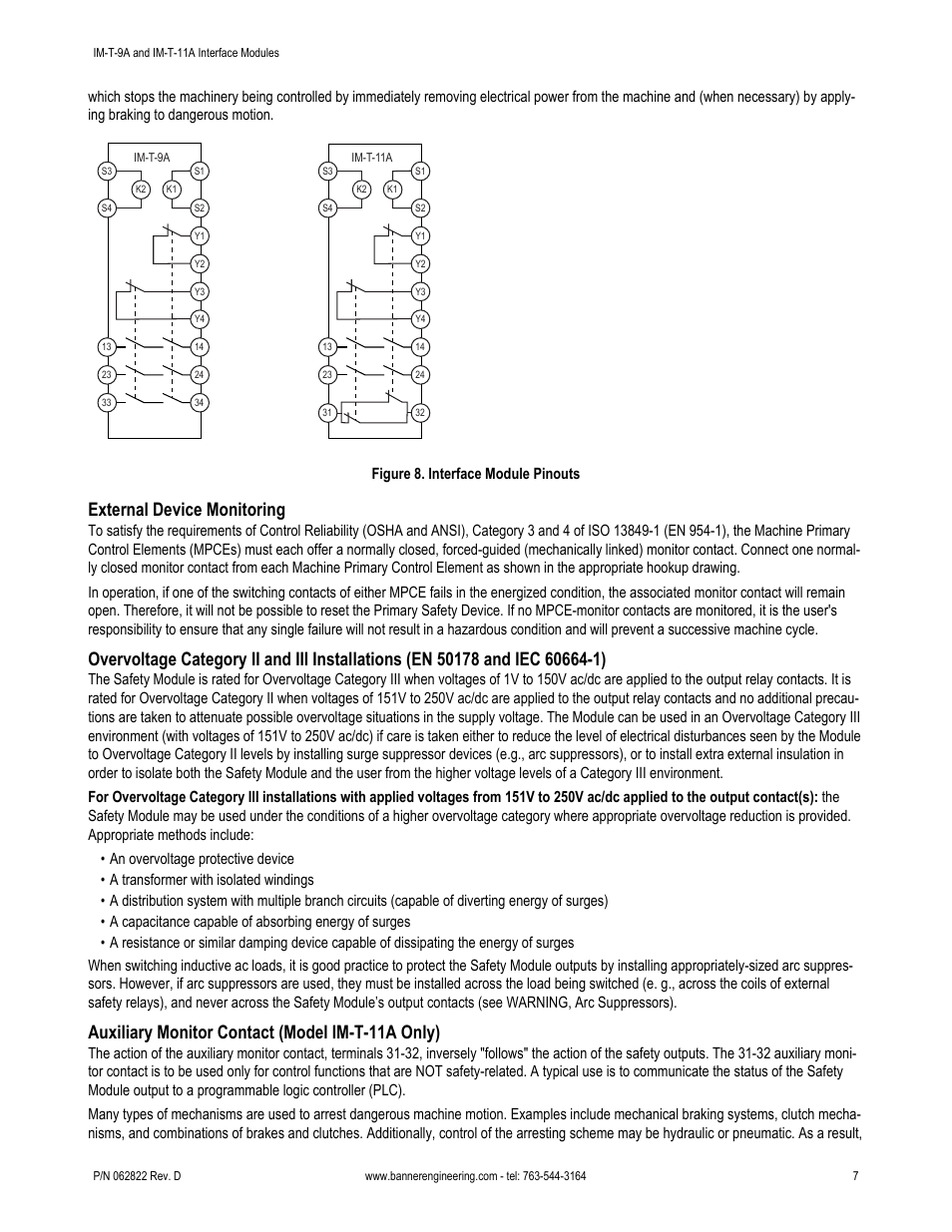 External device monitoring, Auxiliary monitor contact (model im-t-11a only), Figure 8. interface module pinouts | Banner Interface Modules User Manual | Page 7 / 11