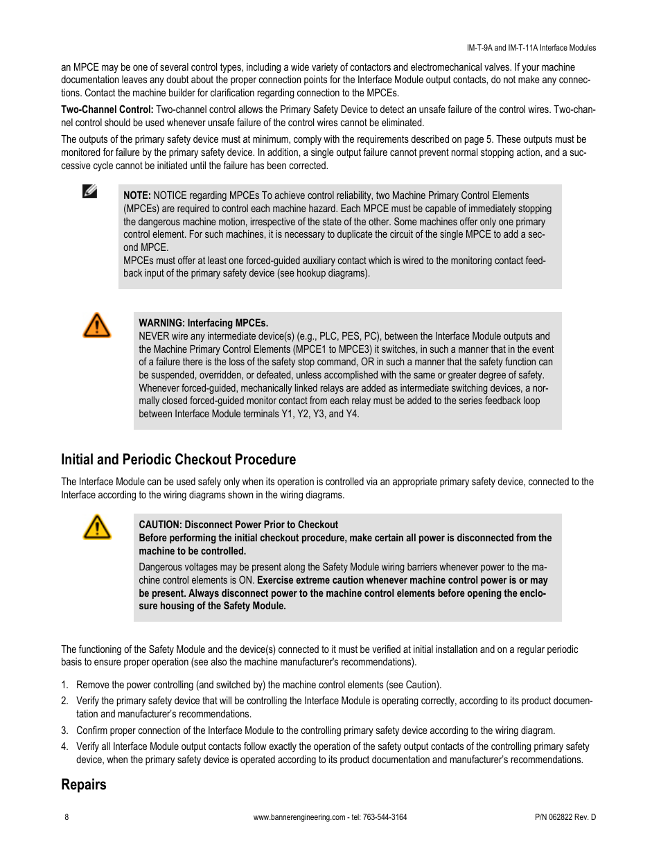 Initial and periodic checkout procedure, Repairs | Banner Interface Modules User Manual | Page 8 / 11