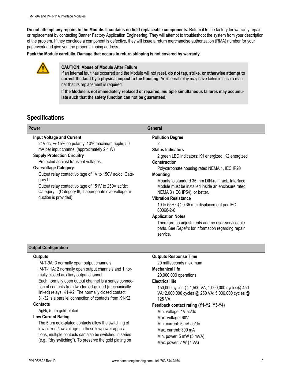 Specifications | Banner Interface Modules User Manual | Page 9 / 11