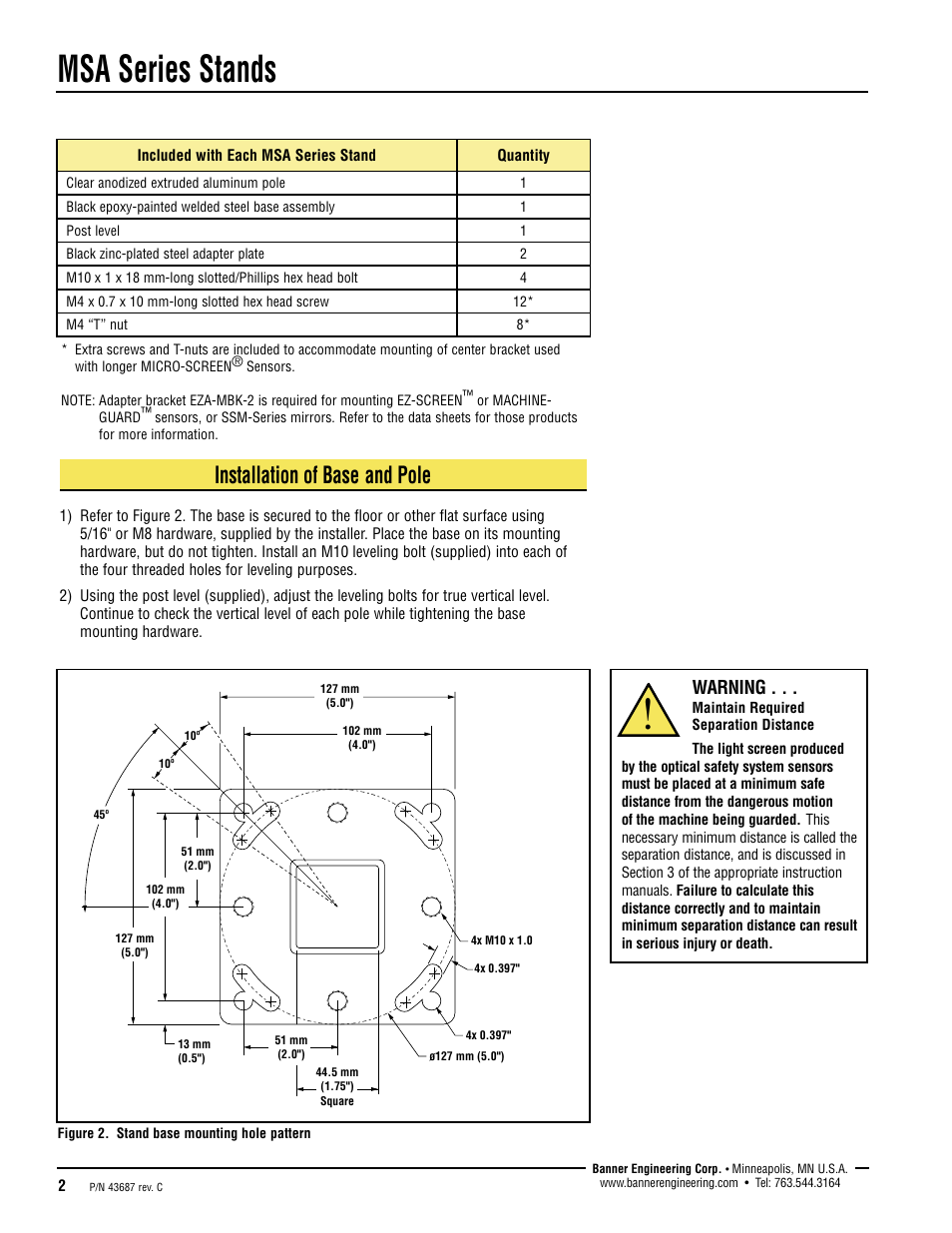 Msa series stands, Installation of base and pole, Warning | Banner MSA Series Stands User Manual | Page 2 / 4