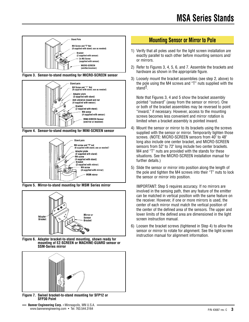 Msa series stands, Mounting sensor or mirror to pole | Banner MSA Series Stands User Manual | Page 3 / 4