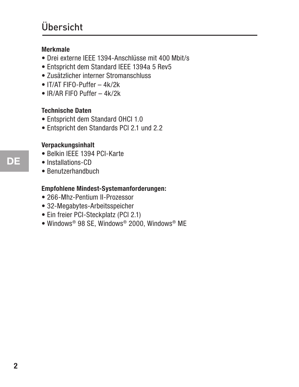 Übersicht, Merkmale, Technische daten | Verpackungsinhalt, Empfohlene mindest-systemanforderungen | Belkin F5U502 User Manual | Page 42 / 112