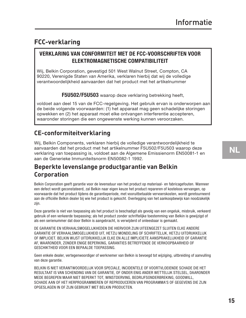 Informatie, Fcc-verklaring, Ce-conformiteitverklaring | Belkin F5U502 User Manual | Page 73 / 112