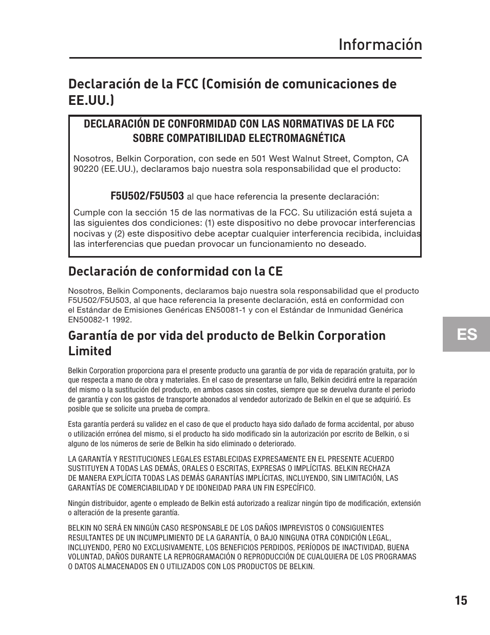 Información, Declaración de conformidad con la ce | Belkin F5U502 User Manual | Page 91 / 112