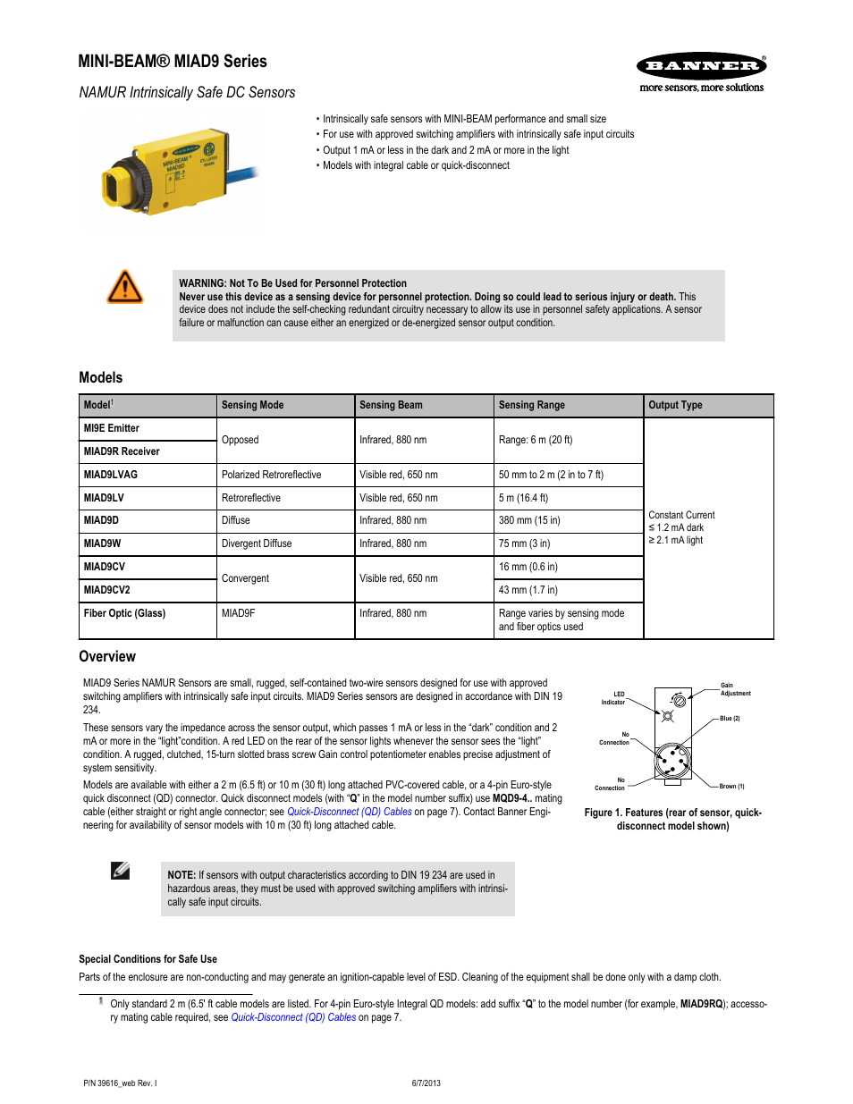 Banner MINI-BEAM Namur DC Series User Manual | 9 pages