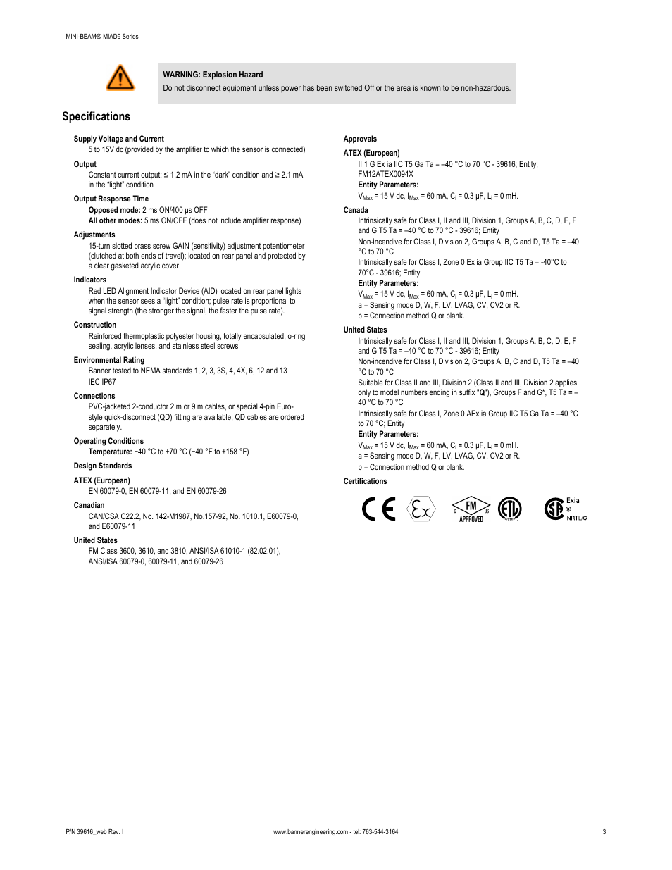 Specifications | Banner MINI-BEAM Namur DC Series User Manual | Page 3 / 9