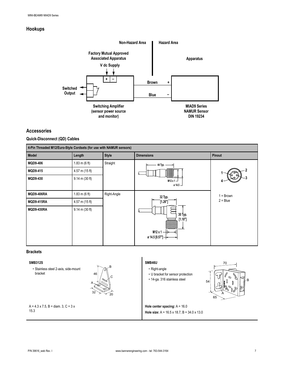 Quick-disconnect (qd) cables, Hookups, Accessories | Banner MINI-BEAM Namur DC Series User Manual | Page 7 / 9
